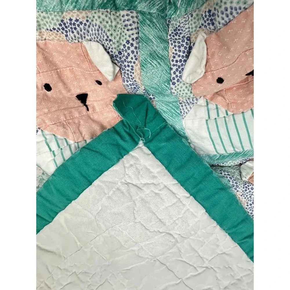 Handmade Teddy Bear Quilt Pastel Floral Patchwork‎ Baby Crib Blanket Pink Green